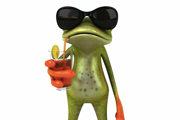 A frog with glasses drinks a cocktail