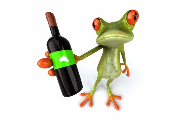 Grenouille triste avec une bouteille de vin