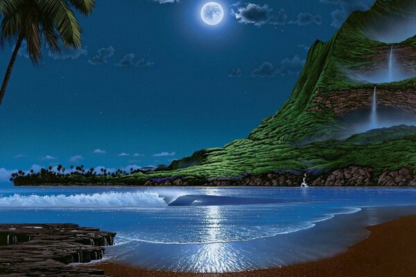 Cascade sur l île sous le clair de lune