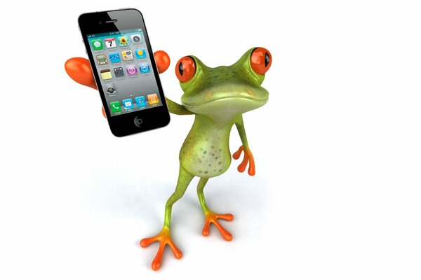 La grenouille verte avec le téléphone dans la main