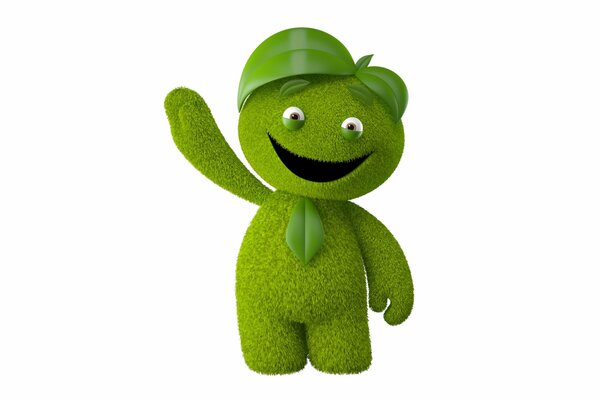 A green monster on a white background smiles and waves