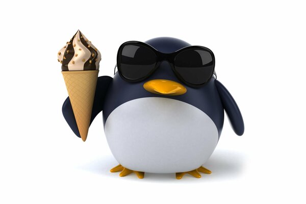 A penguin in black glasses holds an ice cream