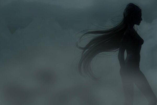 The silhouette of a girl with long hair was covered in fog