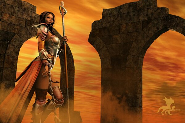 A warrior girl in armor with a staff against an orange sky