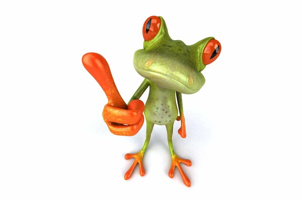 Frosch mit orangefarbenen Augen zeigt ok mit dem Finger