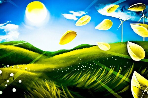 Kunst mit strahlender Sonne, grünem Feld und fliegenden Blättern