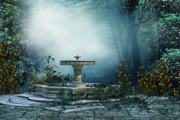 Atmospheric fountain in foggy park in autumn