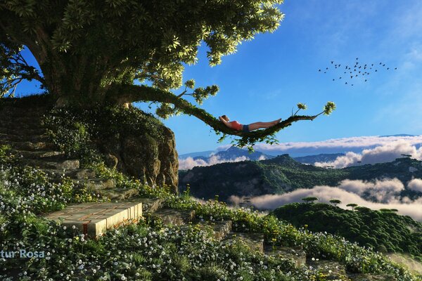 Hermosa vista de la chica-montañas, nubes y pájaros