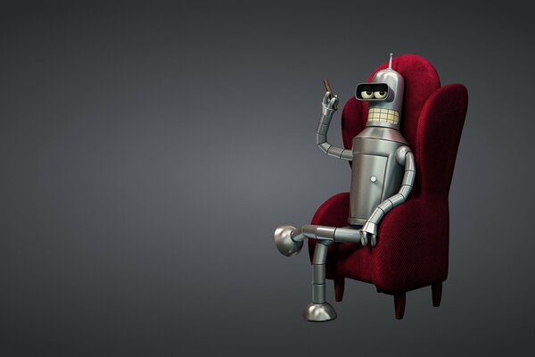 Le robot bender avec un cigare, assis dans un fauteuil