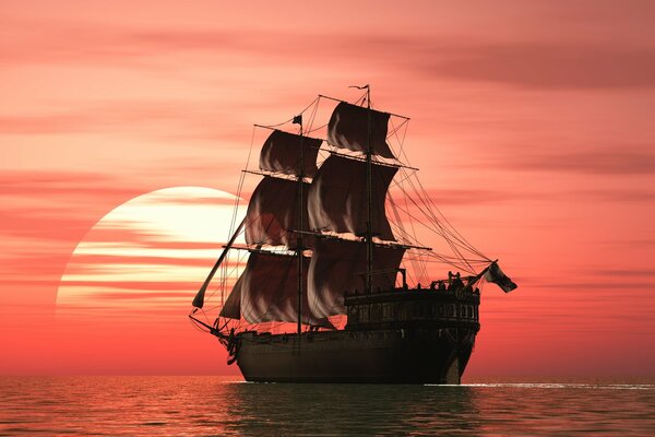 Le navire s en va au coucher du soleil. Paysage dans l océan