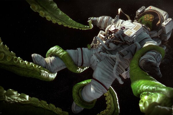 Pericoli nello spazio o astronauta catturato dai tentacoli di un essere vivente