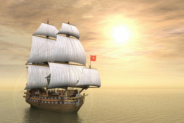Le navire бороздящий des océans sous la pâle lueur du soleil