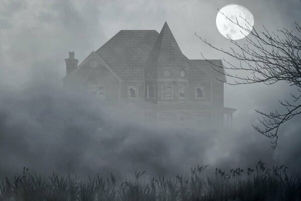 Gloomy house during the full moon