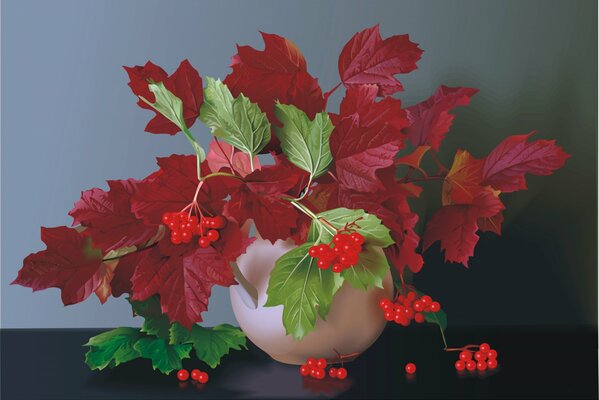 Naturaleza muerta de hojas y bayas de viburnum. Estado de ánimo otoño