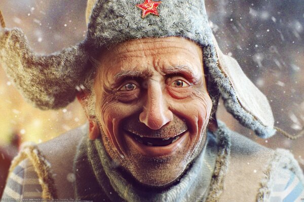 Un uomo allegro in un Ushanka sovietico