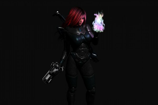Девушка в костюме и оружием в руках, черный фон