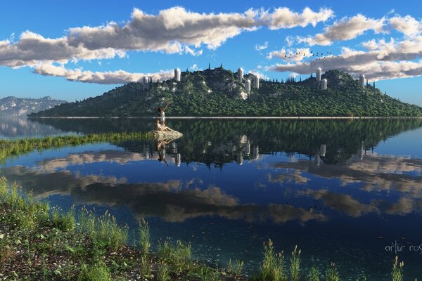 Chmury cumulus nad zieloną wyspą