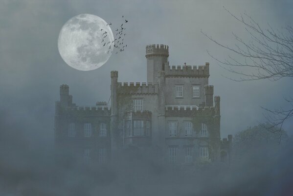 Full moon over the castle in the fog