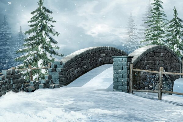 L hiver graphiques 3d avec le sapin et le pont