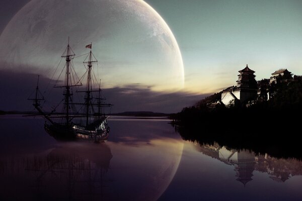 Ship on the background of the city Moon