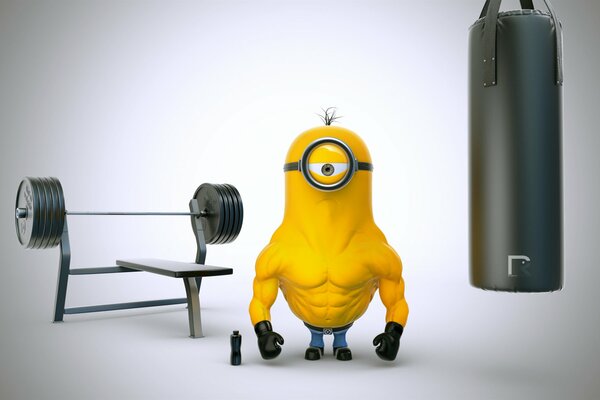 Aufgepumpter Minion Bodybuilder trainiert im Fitnessstudio