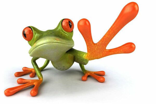 Zielona żaba ciągnie pomarańczowe łapy