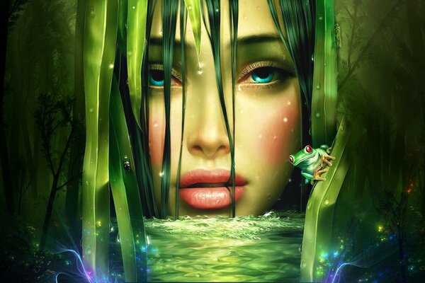 Hermosa chica en el lago verde