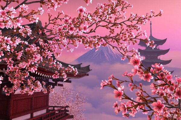 Cherry blossoms on the background of Japanese mountains