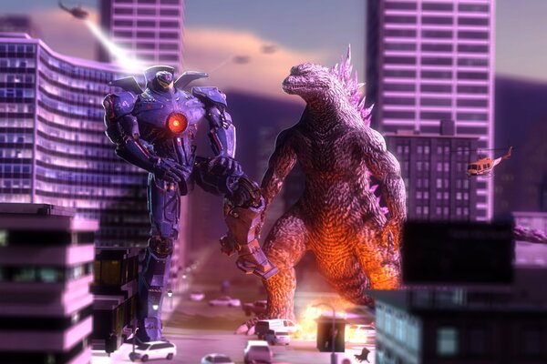 Graphic image of the robot and Godzilla