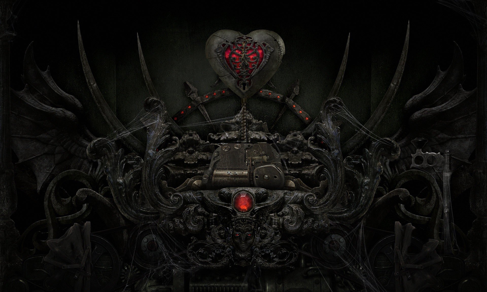 arte fondo oscuro telaraña metal corazón negro rojo mecanismo cristal