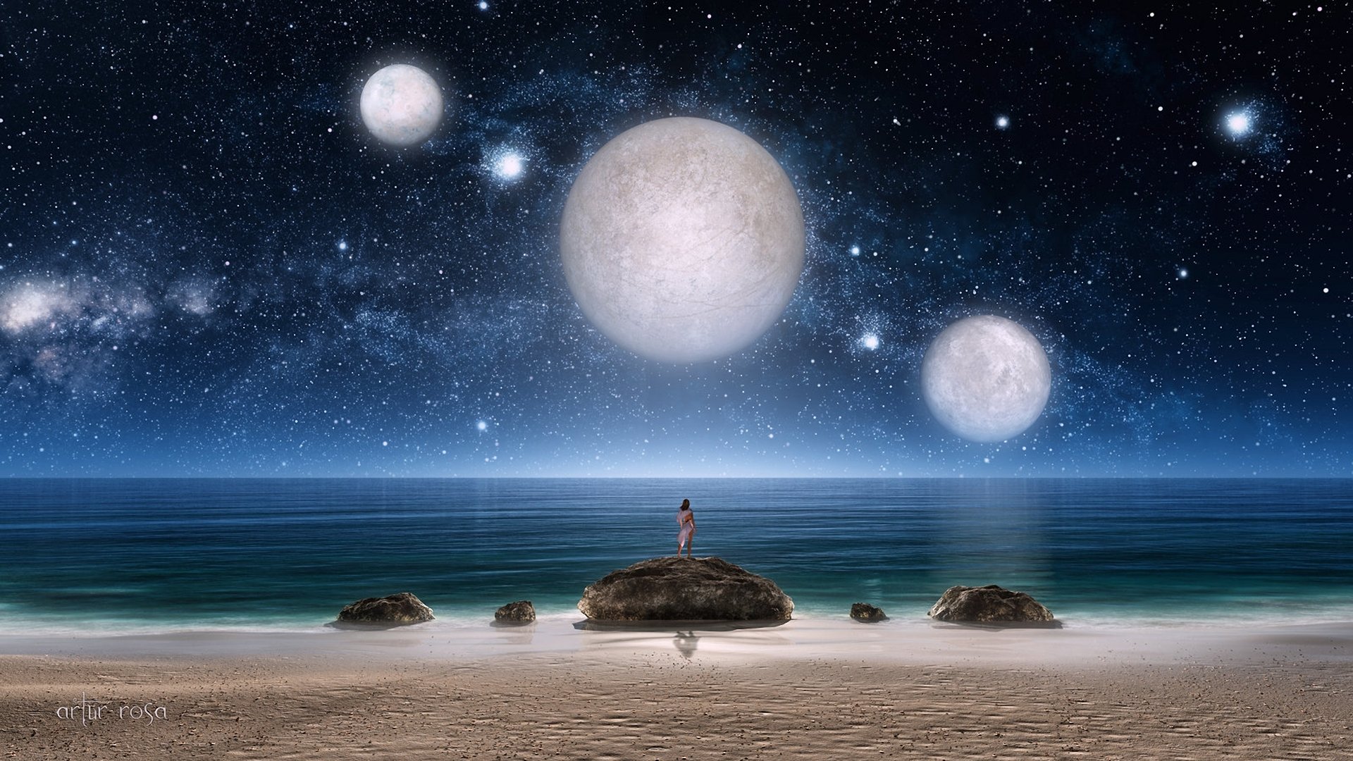 arte fantasía chica mar piedras noche estrellas planetas tres