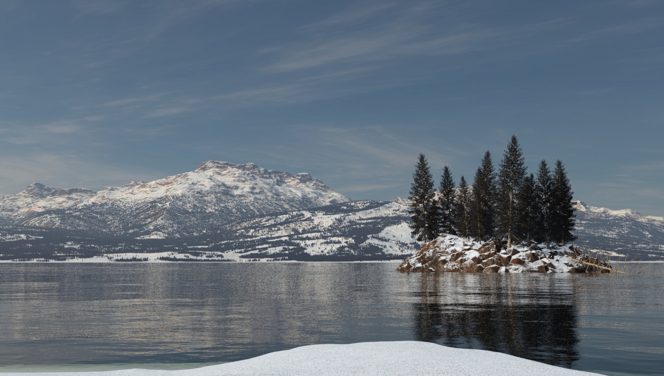 art lac neige îlot île sapin arbres montagnes réflexion ondulations