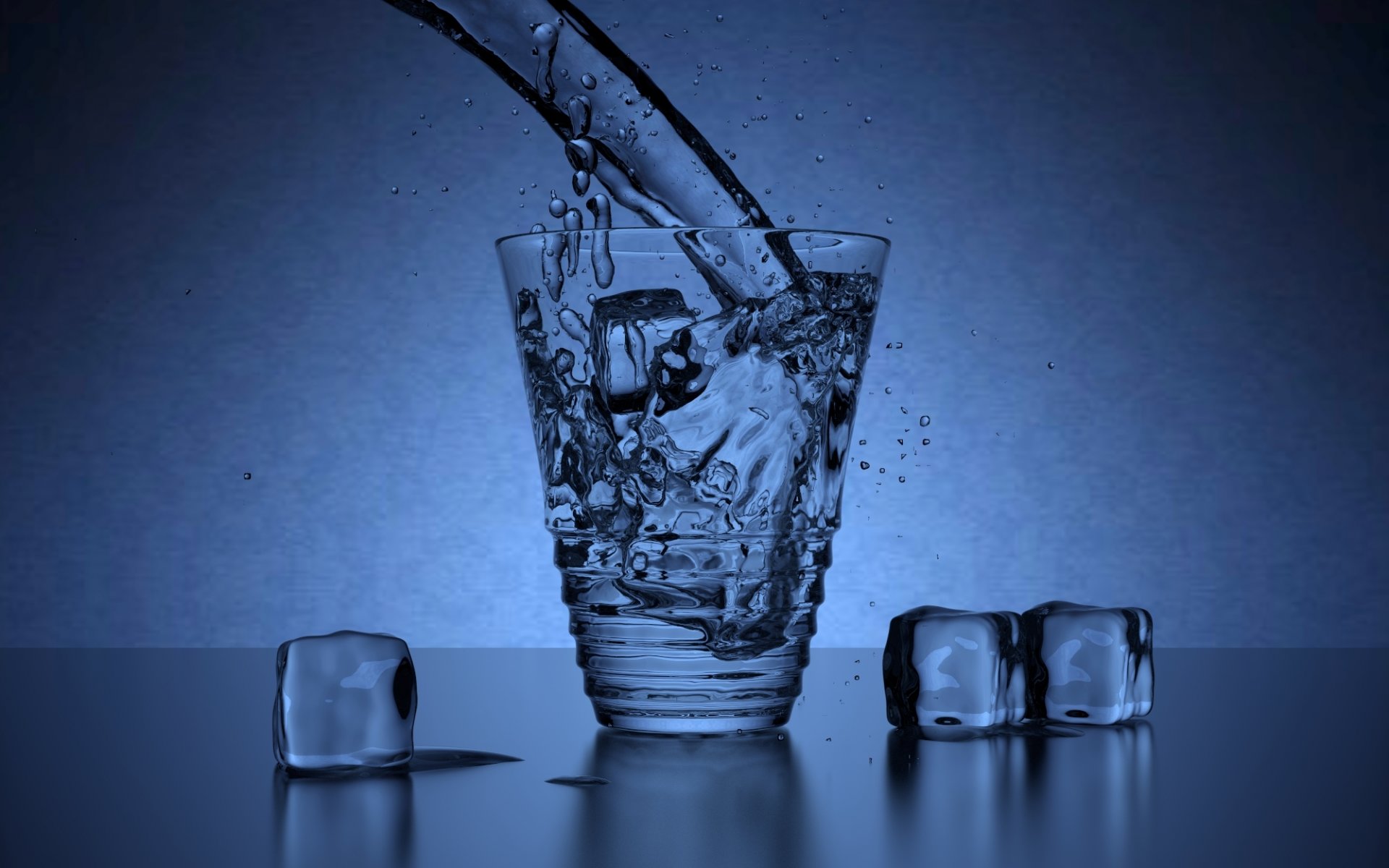 aksoen wald renderizado licuadora vaso copa de vino transparente hielo témpanos de hielo cubos cubo gotas salpicaduras fondo azul azul agua luz realismo