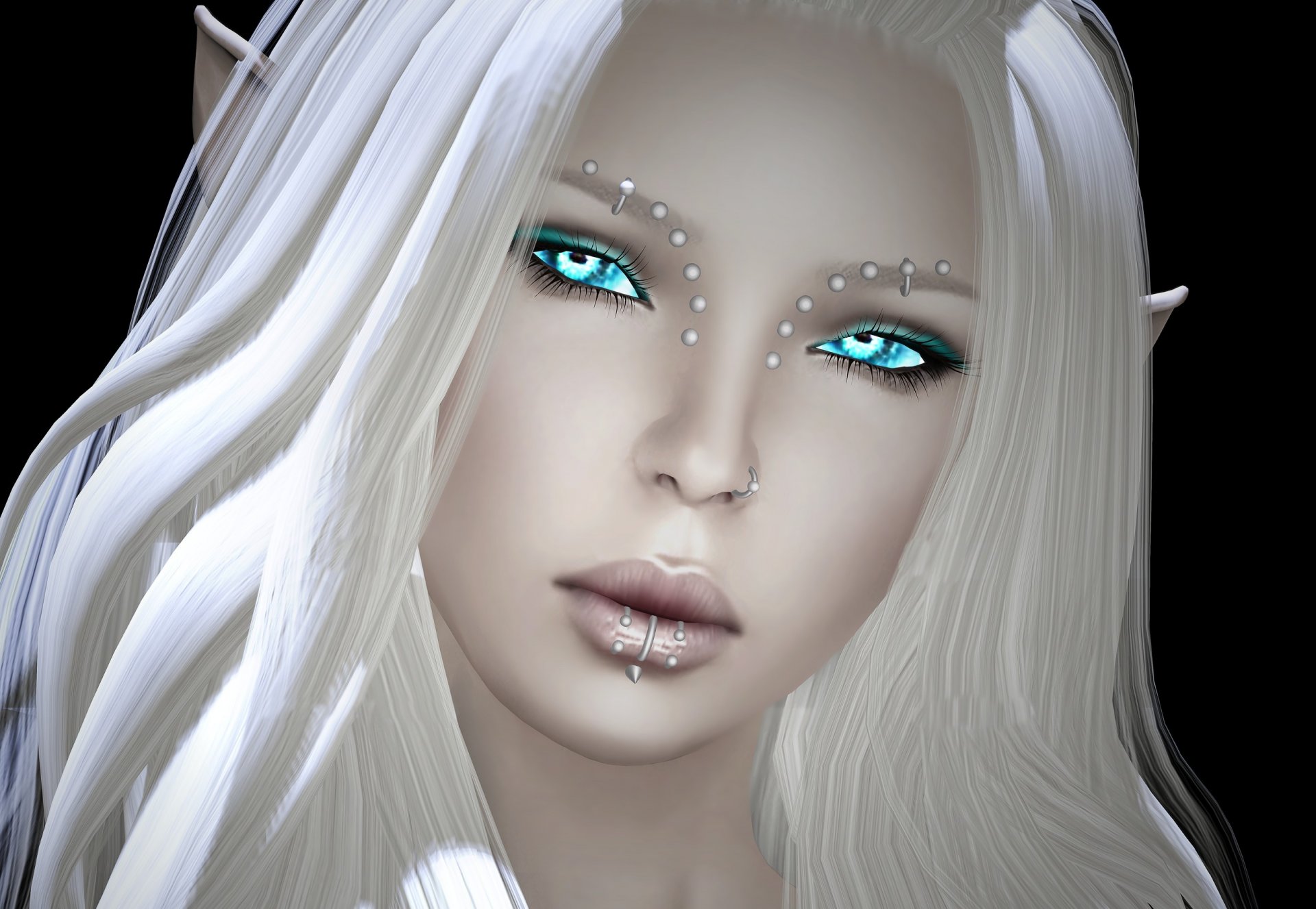 render girl white hair face piercing elf