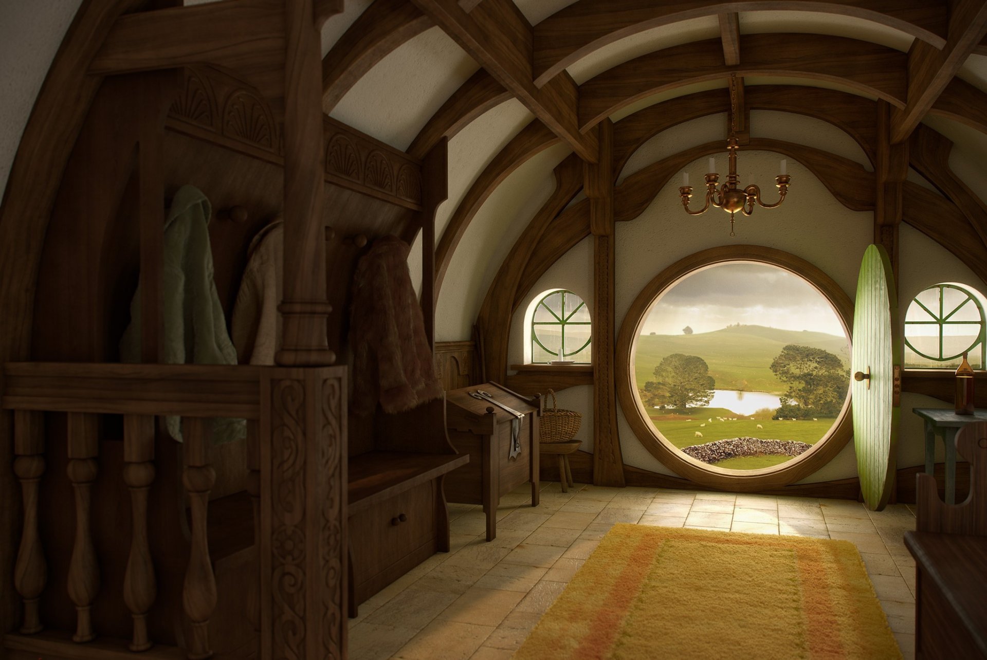 arte el hobbit el señor de los anillos comarca madriguera casa interior puerta entrada