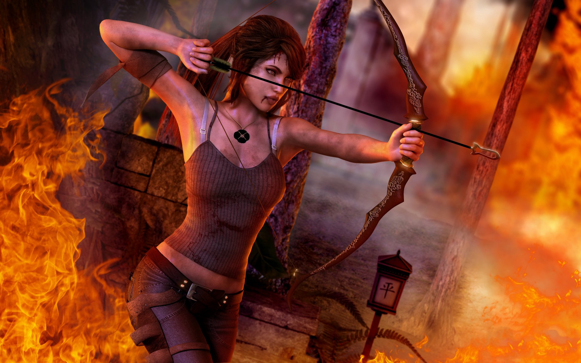 girl 3d fire torment shot bandage blood medallion