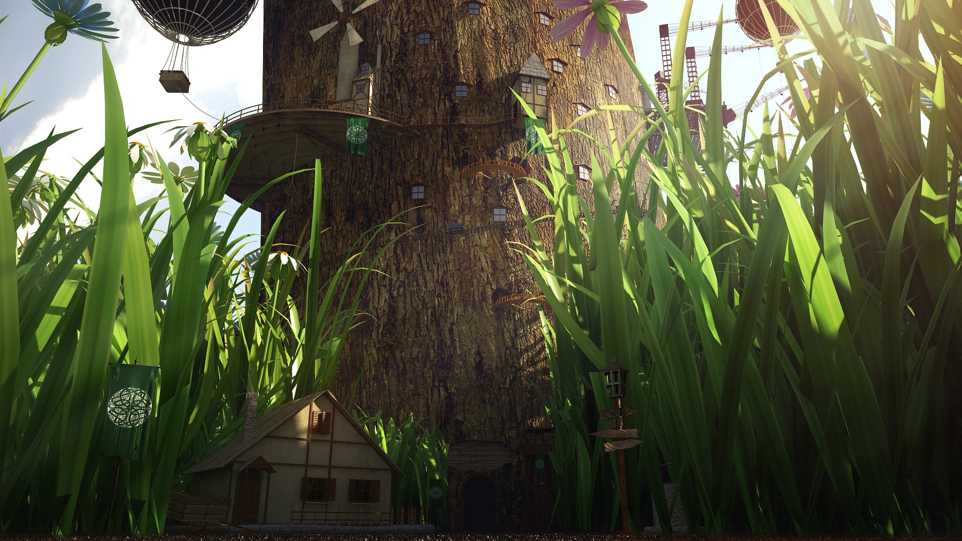 grass house settlement tree trunk huge light flower balloons window