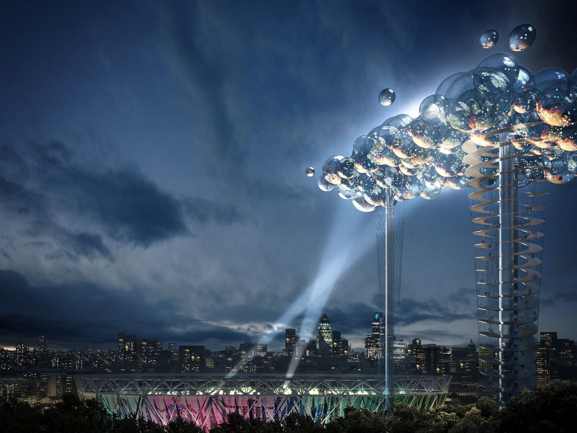 project 2012 olympic games energy-productive cloud balls stadium tower light rays london united kingdom night view