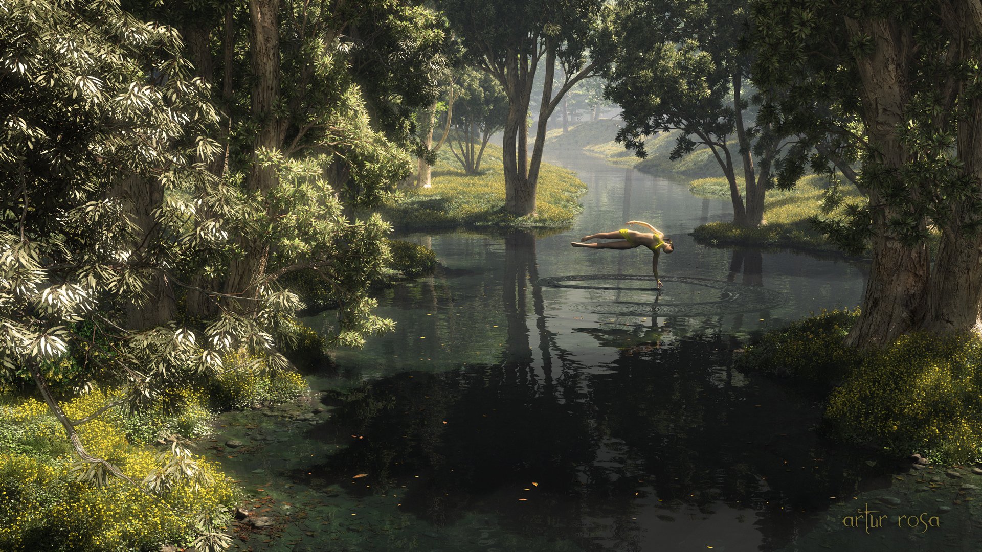 arte acqua foresta alberi ragazza cerchi costume da bagno soleggiato mano