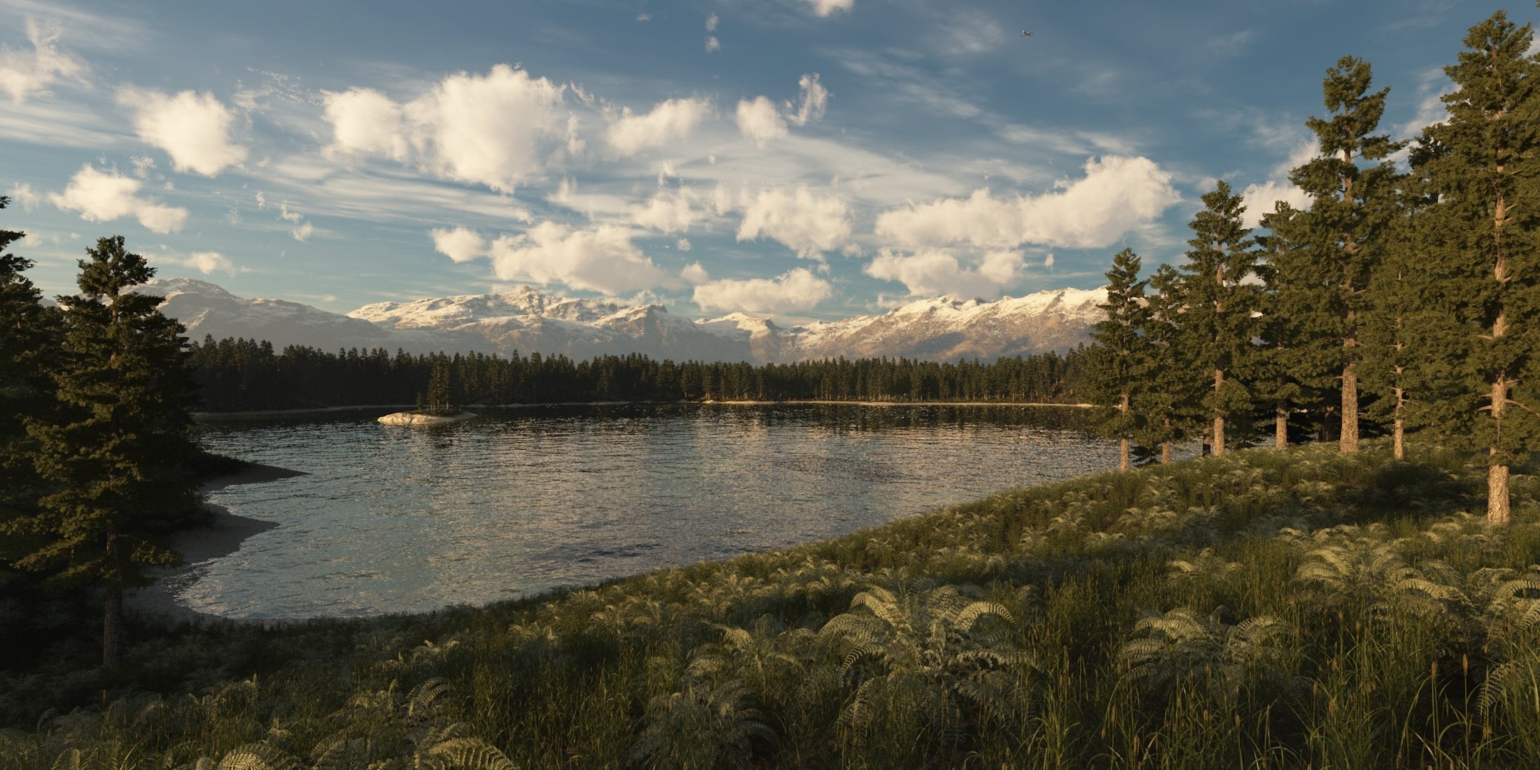 l art le lac les montagnes les collines la forêt les arbres sapin résineux île île de la