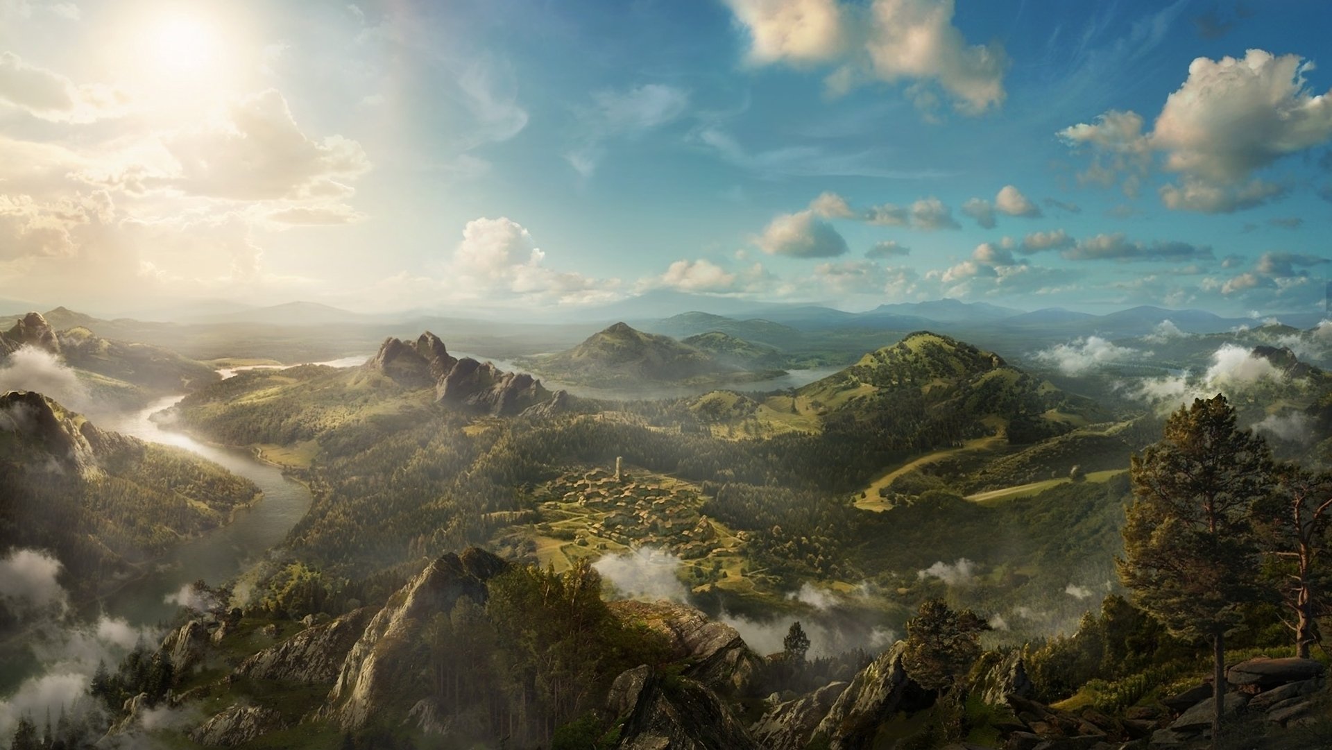 arte paisaje panorama vista río montañas colinas rocas árboles nubes altura asentamiento pueblo