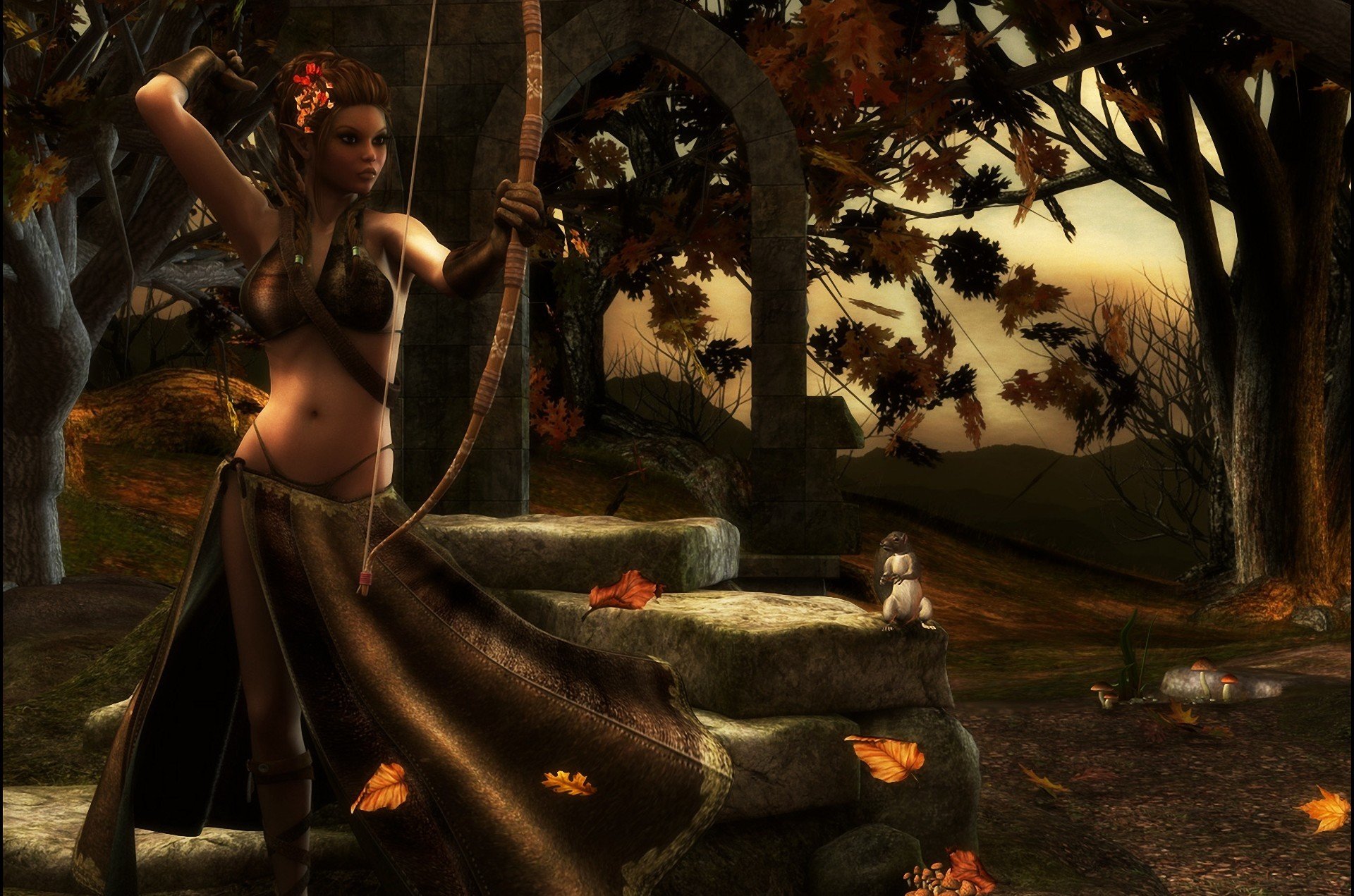 art girl torment archer autumn tree elf protein stone