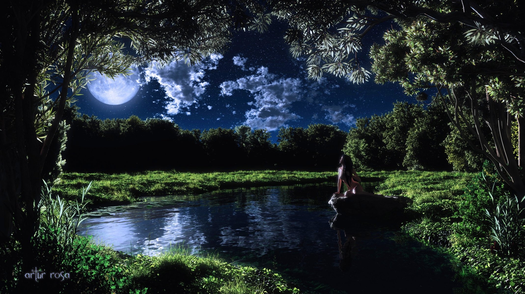 Ночь озеро Луна девушка