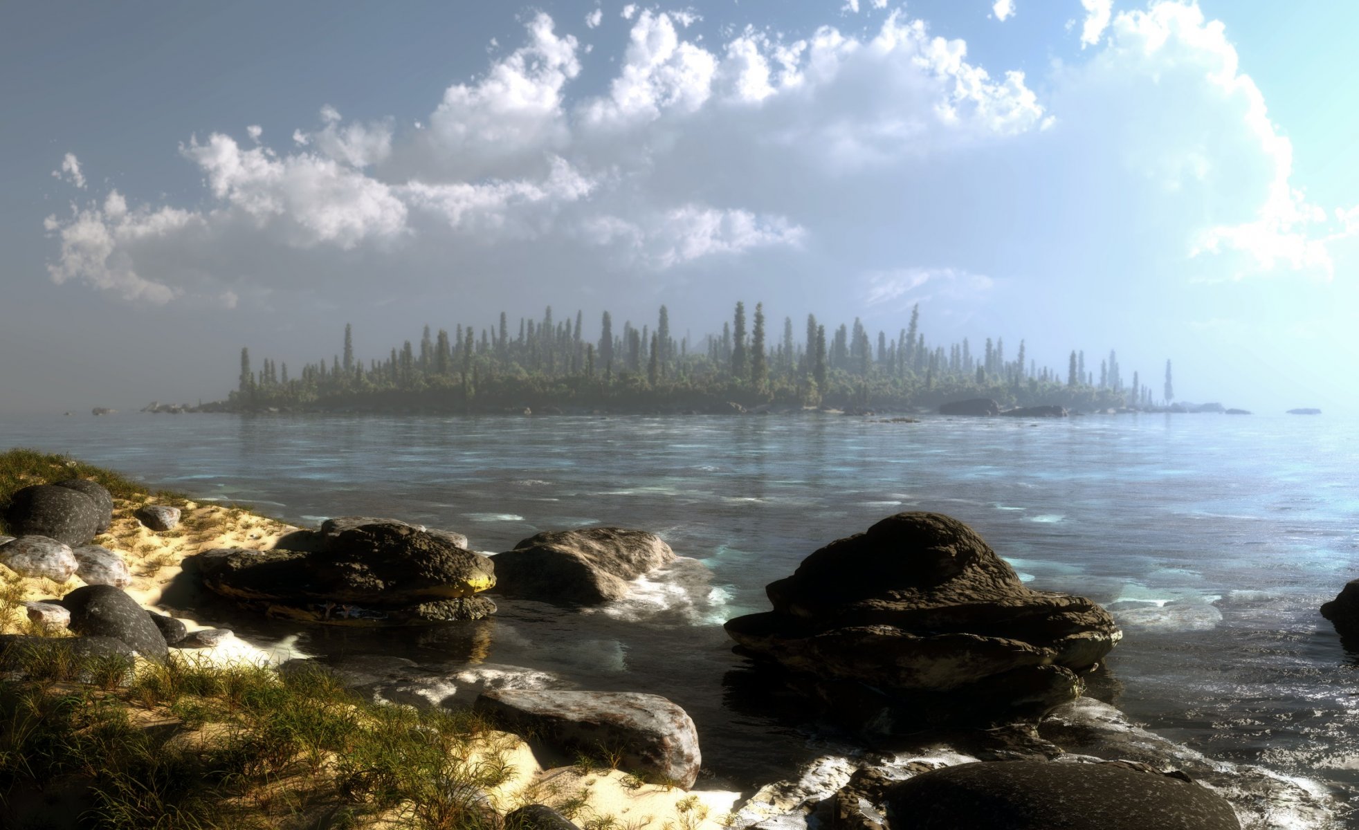 arte klontak paisaje lago agua piedras bosque árboles isla nubes