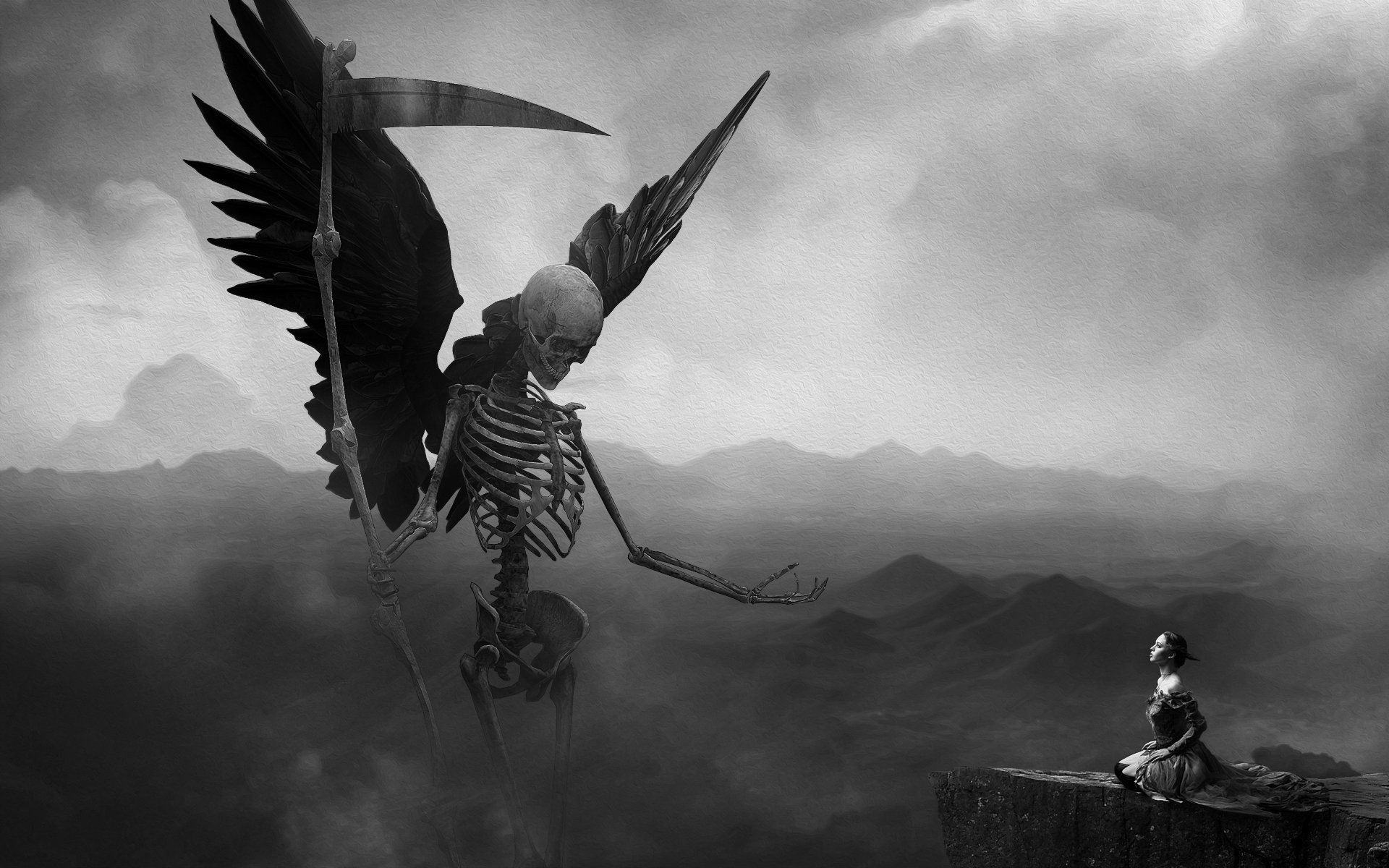 keleton death the situation spit girl rock fog mountain background darkne