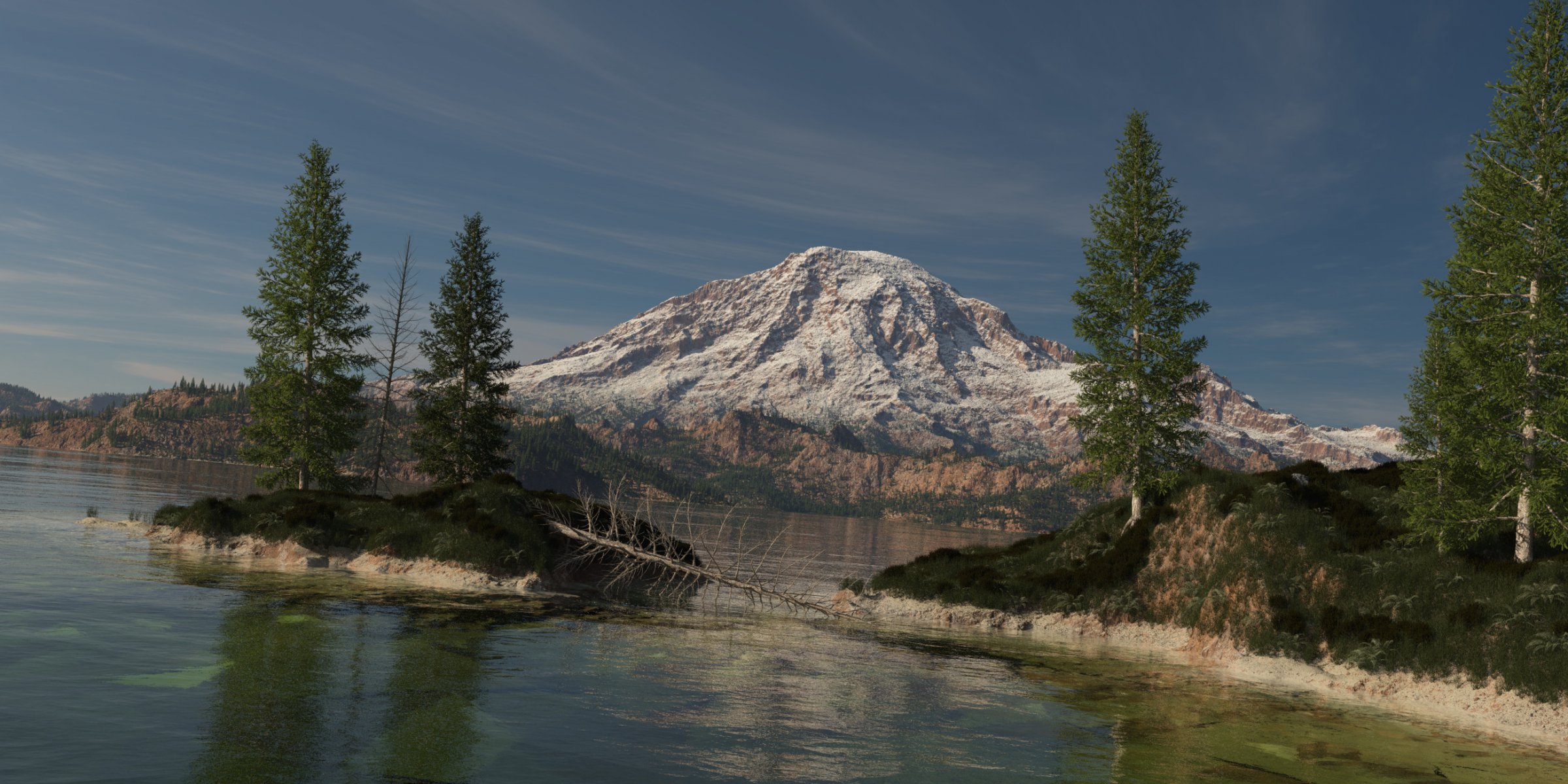 arte montaña lago isla bosque árboles abeto nieve árbol seco