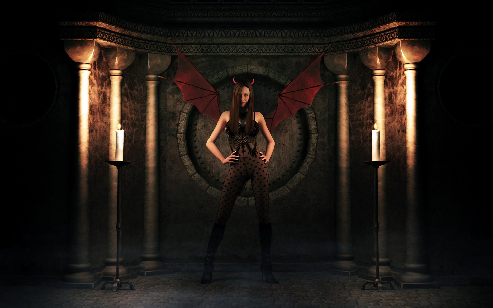 girl demon wings horns suit candles shadow