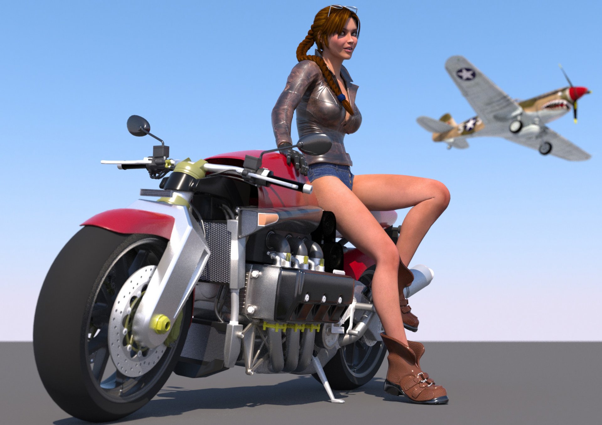 art girl bike to sky plane rendering visualization 3d