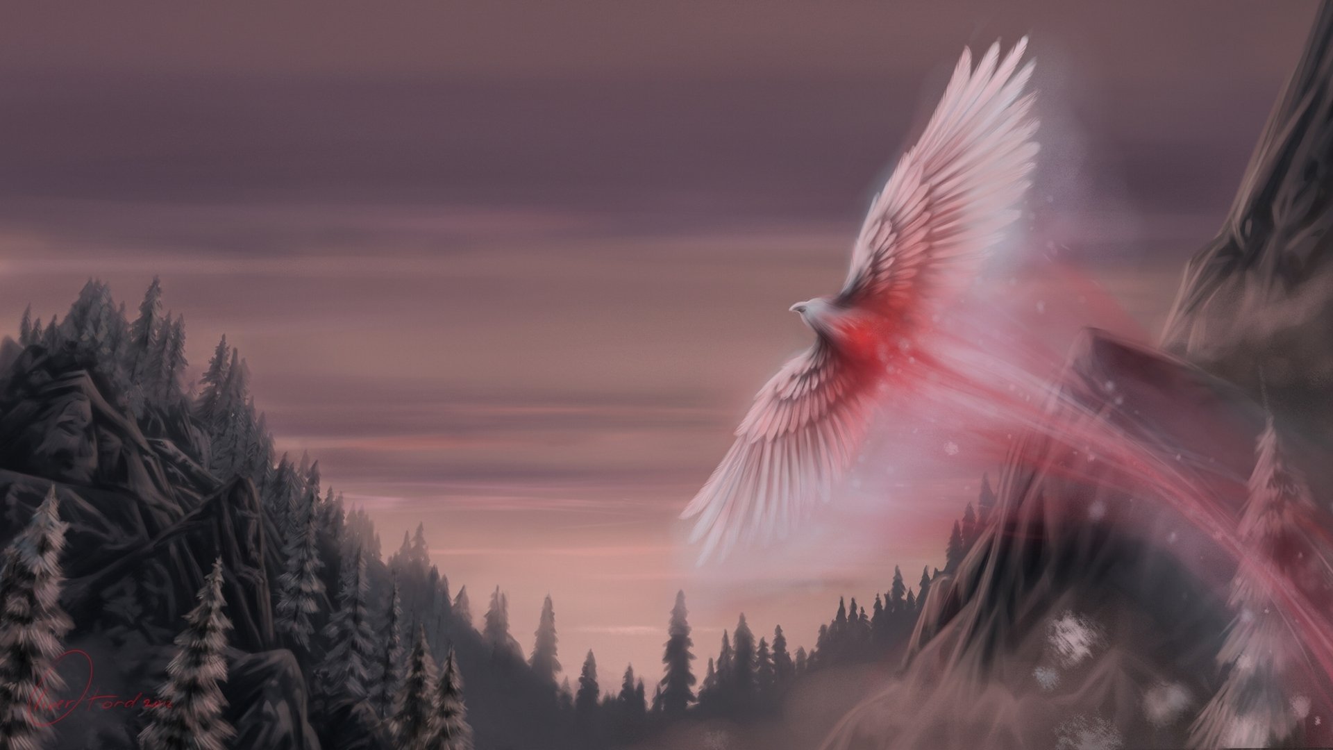 now phoenix oliverford art fantasy snow phoenix bird wings forest art