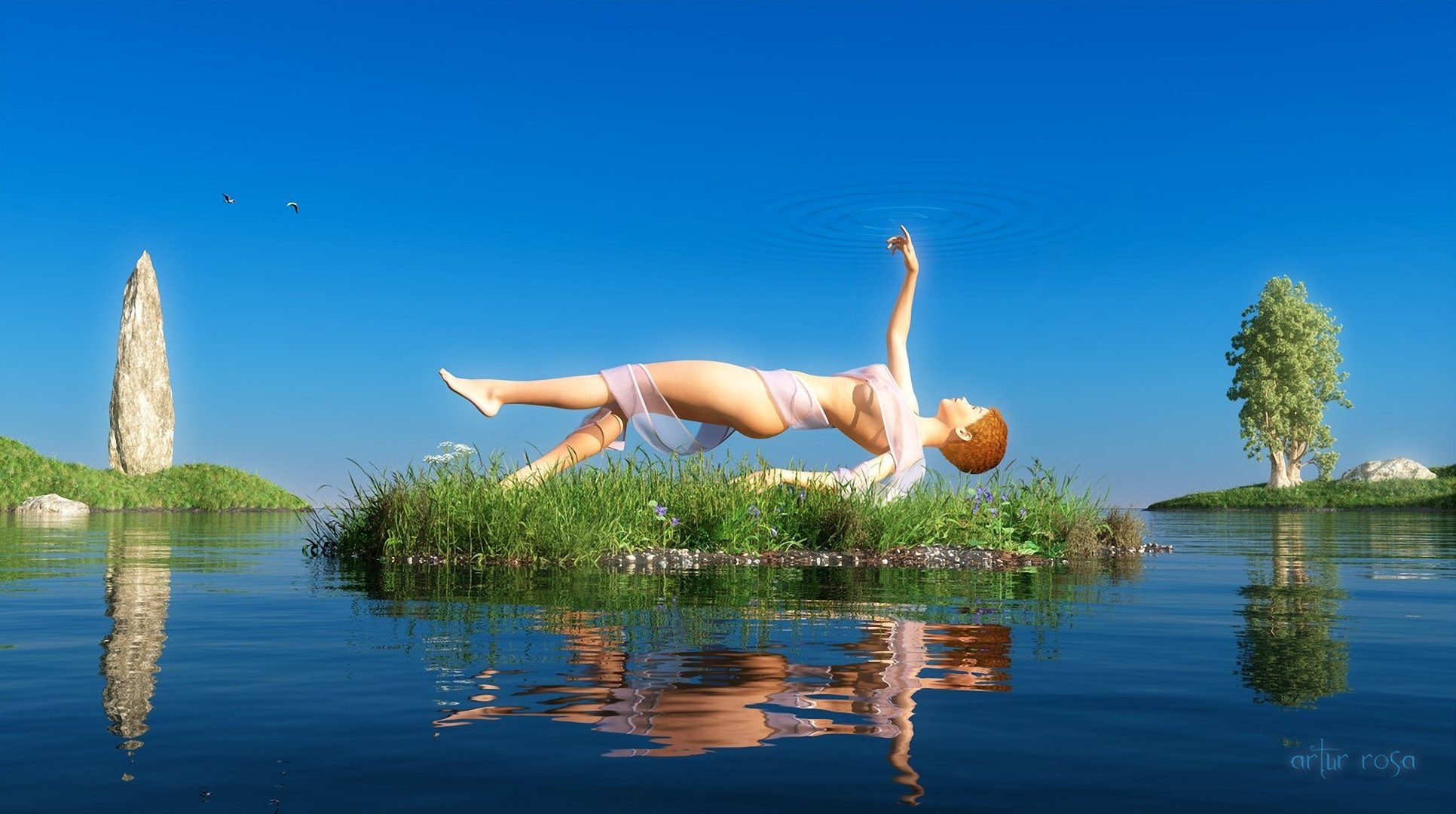 l art la jeune fille le lac l eau une île un îlot l herbe les arbres la pierre la surface de la mer la réflexion la bande le tissu la raie la main le ciel la lévitation